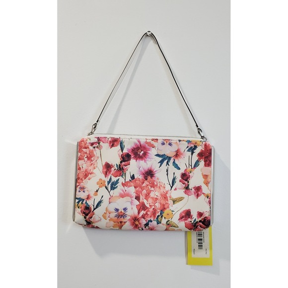 Karen Millen Floral Clutch Wristlet Bag Cream Pink Roses Designer Evening - Picture 13 of 14